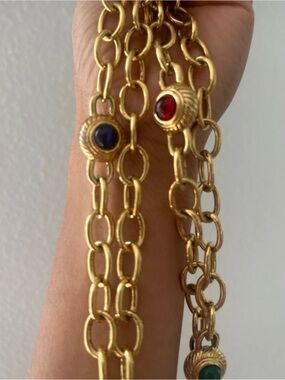 Gold Chain Necklace with Red, Blue, and Green Cabochons vintage india gripoix